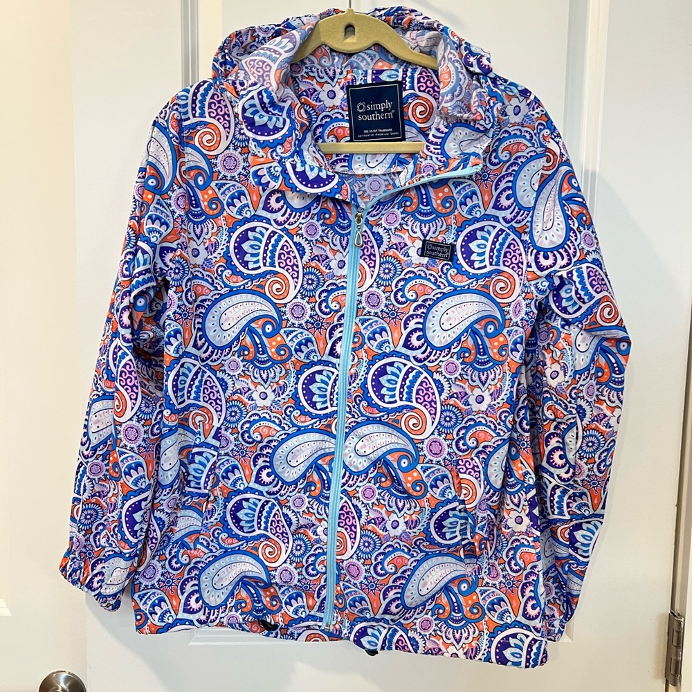 Simply Southern Paisley rain hooded Jacket - Blue and Orange